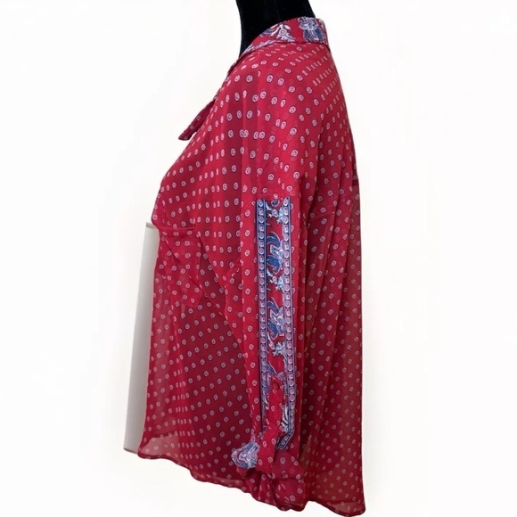 Free People Red Shirt Top M Sheer Button Front Long Sleeve Boho Preppy Slouchy - Picture 3 of 7